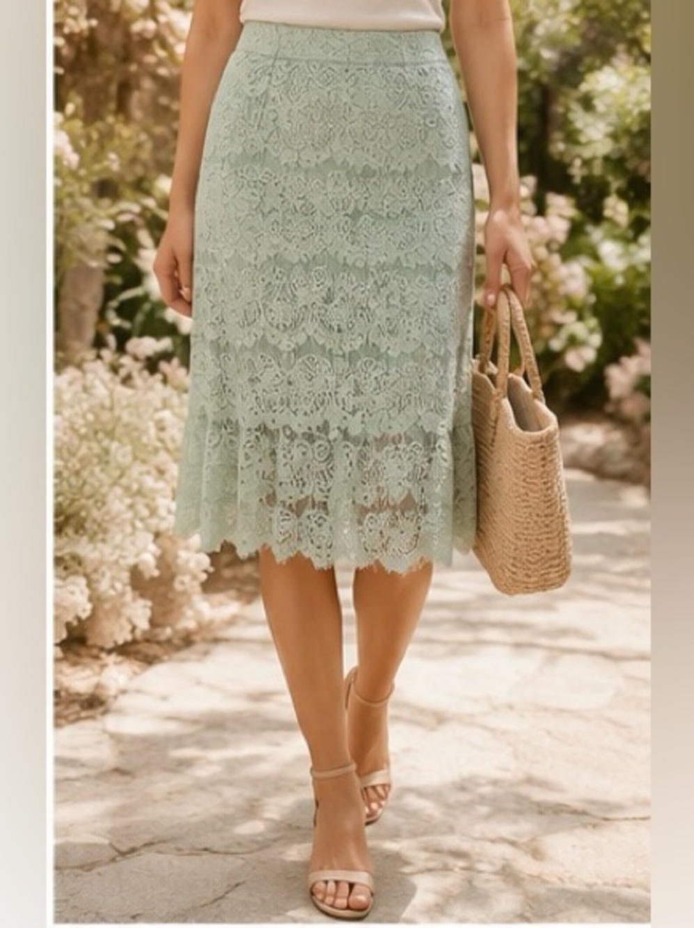 Dainty Jewell’s Mint Lace Midi Skirt - Elegant Scalloped Design Size Large